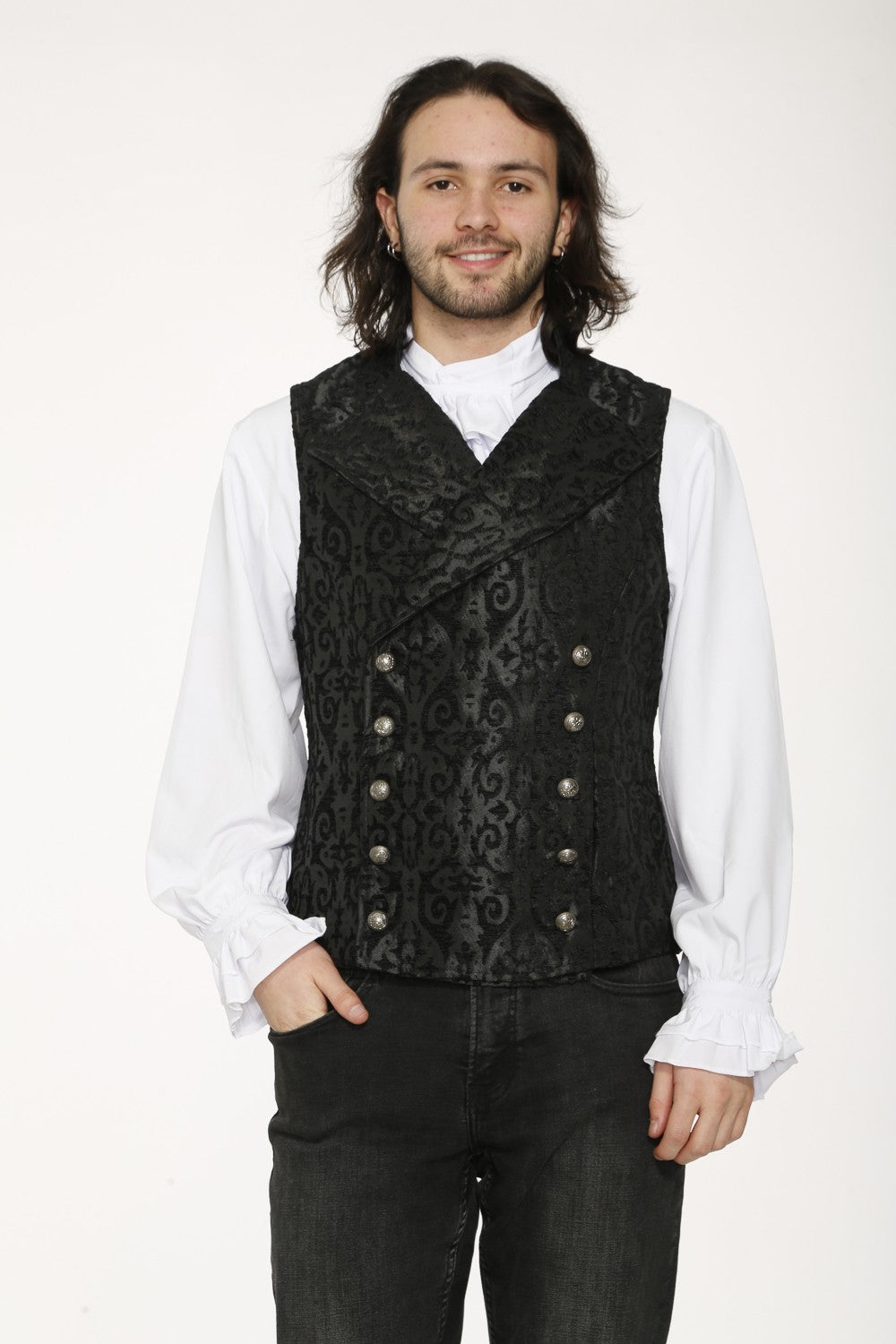 Brocade Vest – Black Gothic Punk Alternative Outerwear worn by a model, showcasing the stylish double-breasted design.