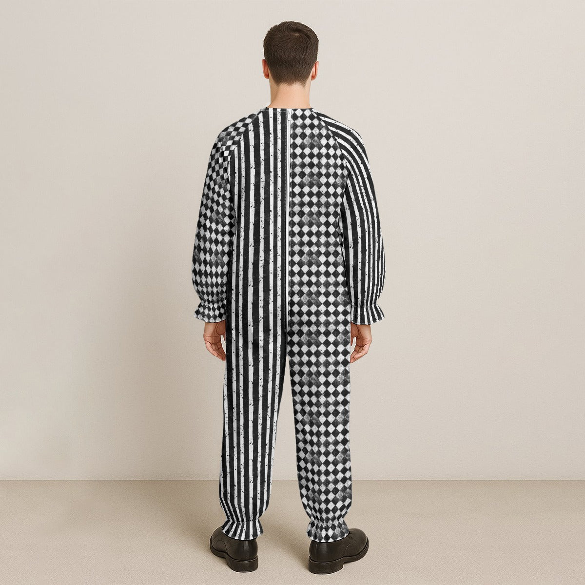 CARNYVL “Dirty Diamonds” Clown Jumpsuit featuring bold split pattern and relaxed fit, perfect for performances.