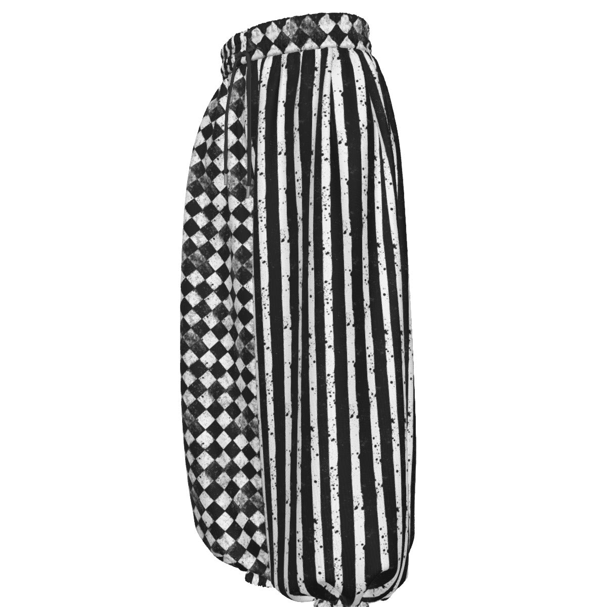 CARNYVL “Dirty Diamonds” Clown Pants showcasing a mix of stripes and checker patterns in a cozy, balloon silhouette.