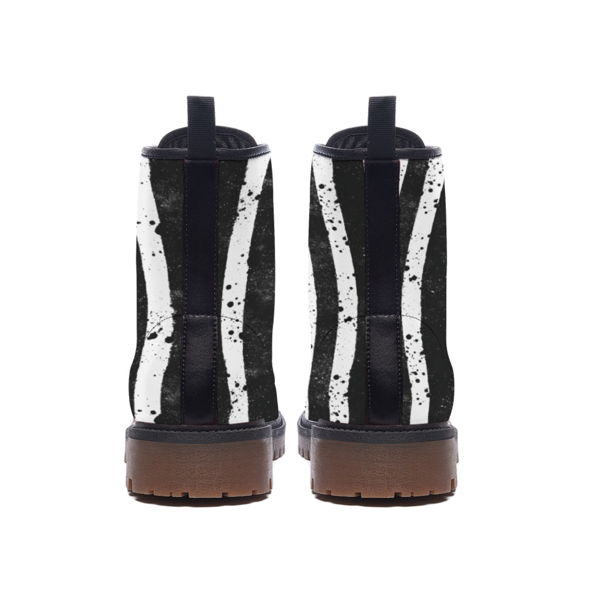 CARNYVL “Dirty Diamonds” Combat Boots with distressed black and white print at the back view.