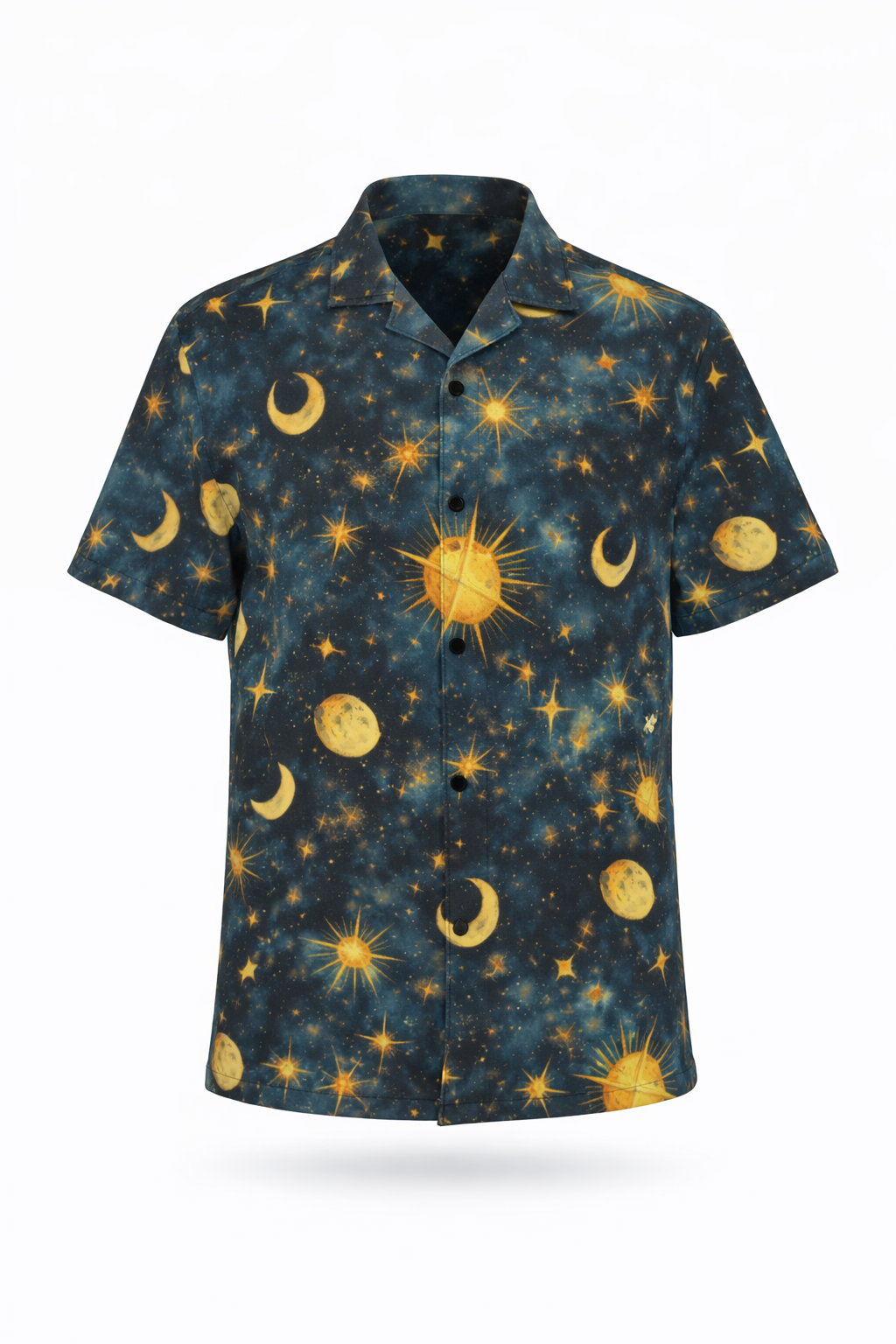 Celestial vintage-inspired shirt with suns, moons, and constellations on dark space background.