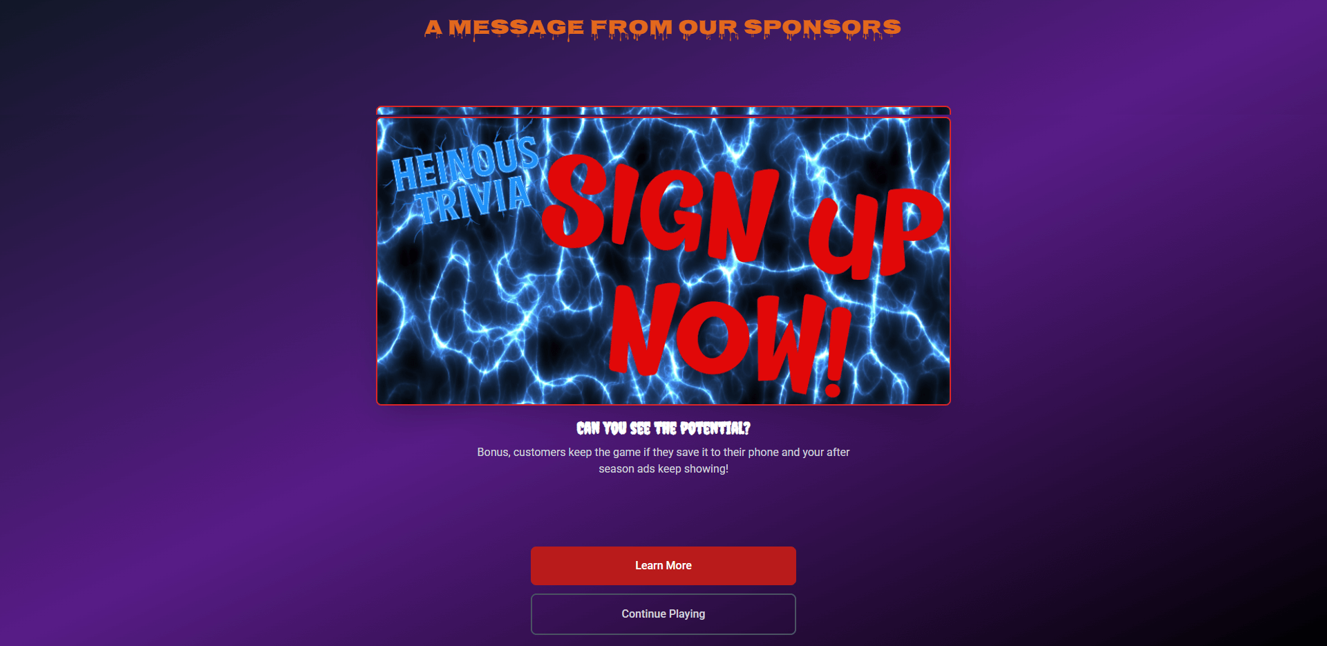 Heinous Trivia™ — Live Horror Trivia Game for Haunted Attractions sign up banner with electric effects.