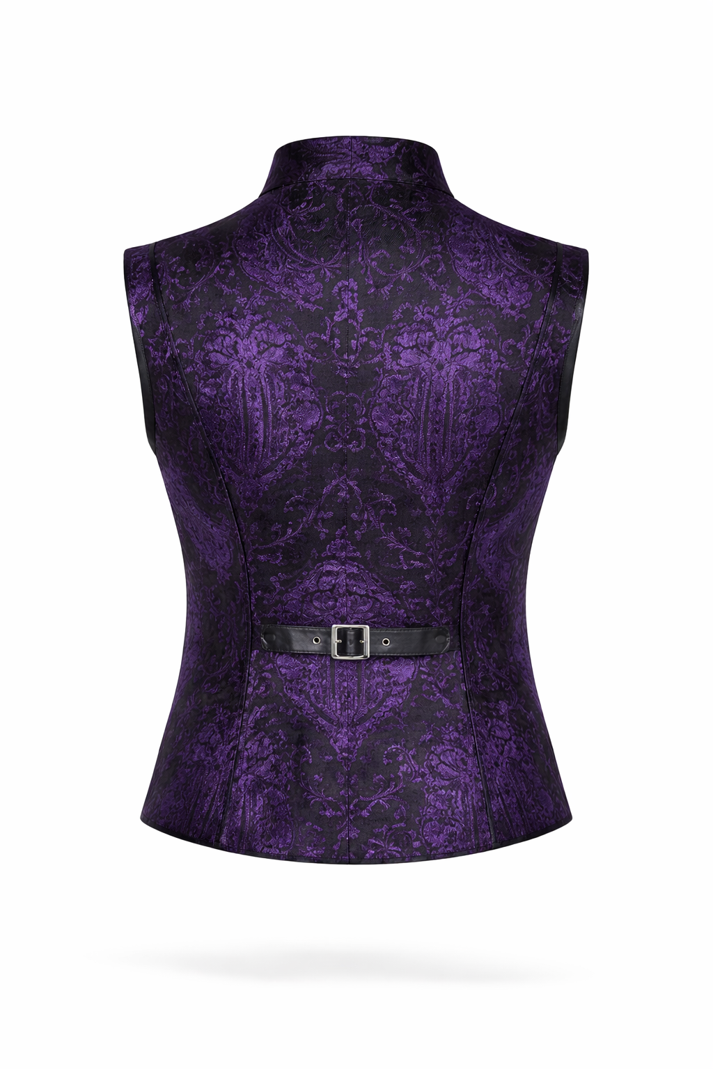 Back view of the Drake Waistcoat Vest in Purple King Brocade featuring a sleek design and adjustable buckle detail.