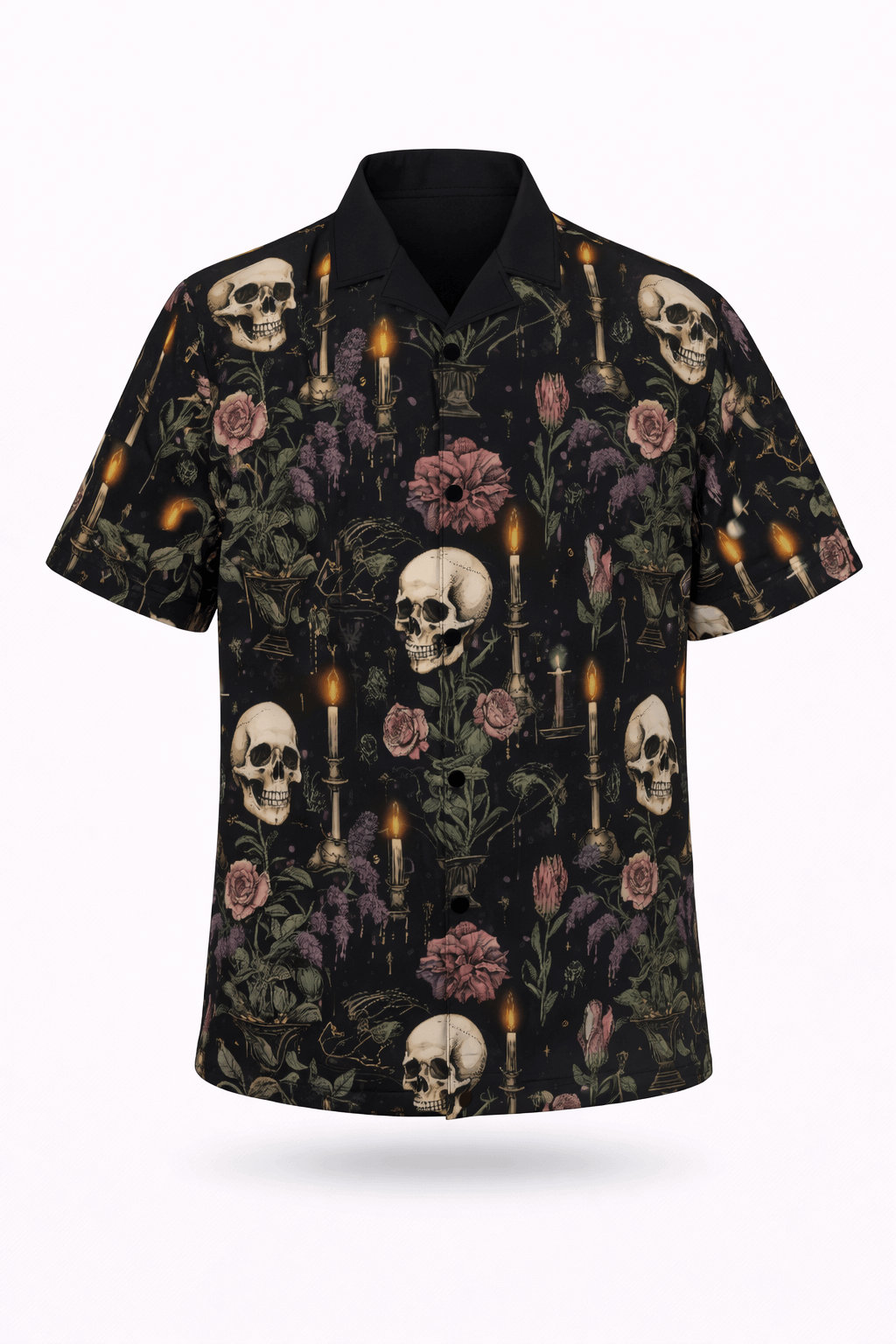Gothic skull button-up shirt featuring intricate skull and floral prints on a dark background.