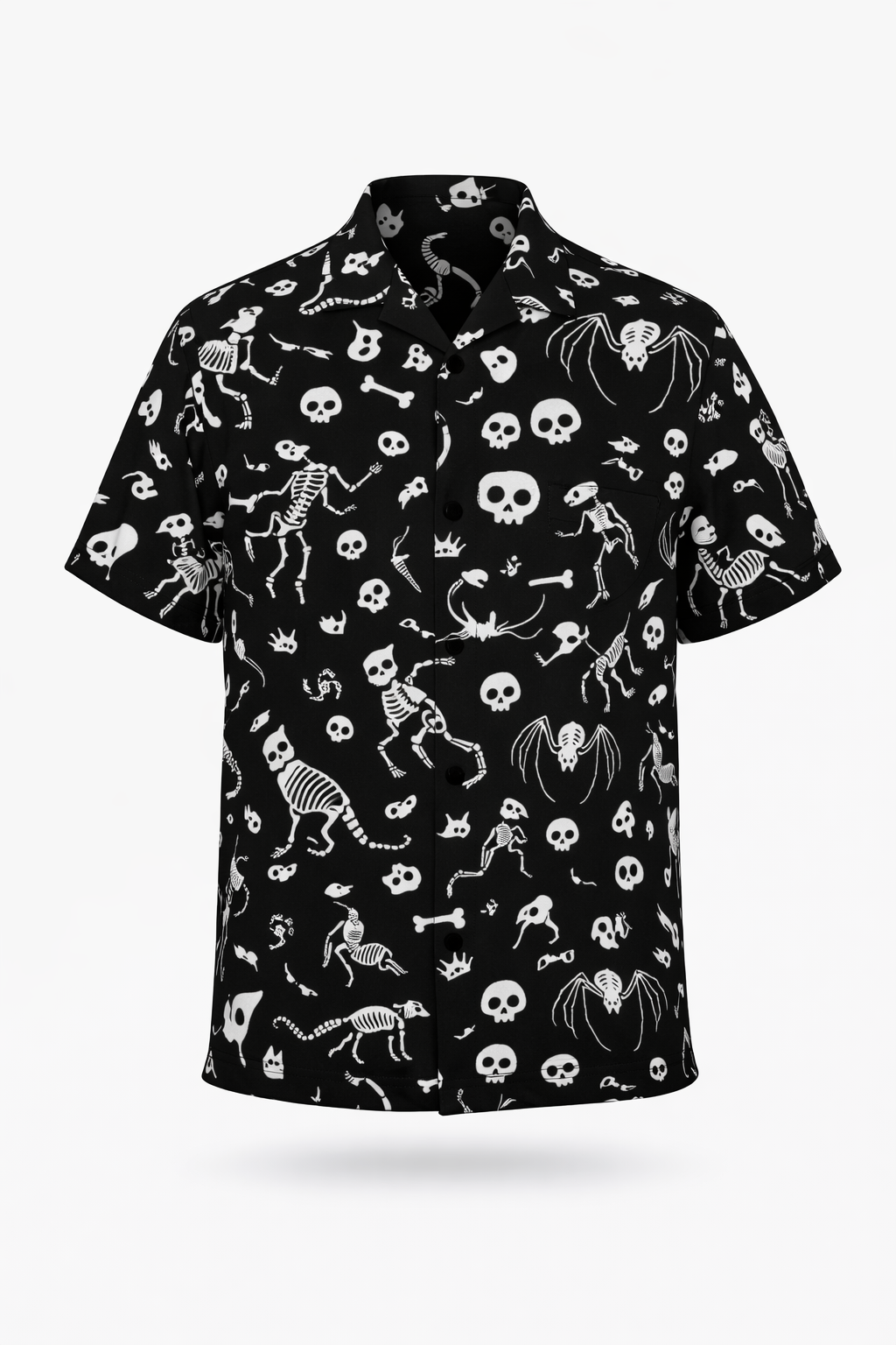 Cute Bones short-sleeve button-up shirt with cartoon-style bones on a black background, perfect for Halloween lovers.