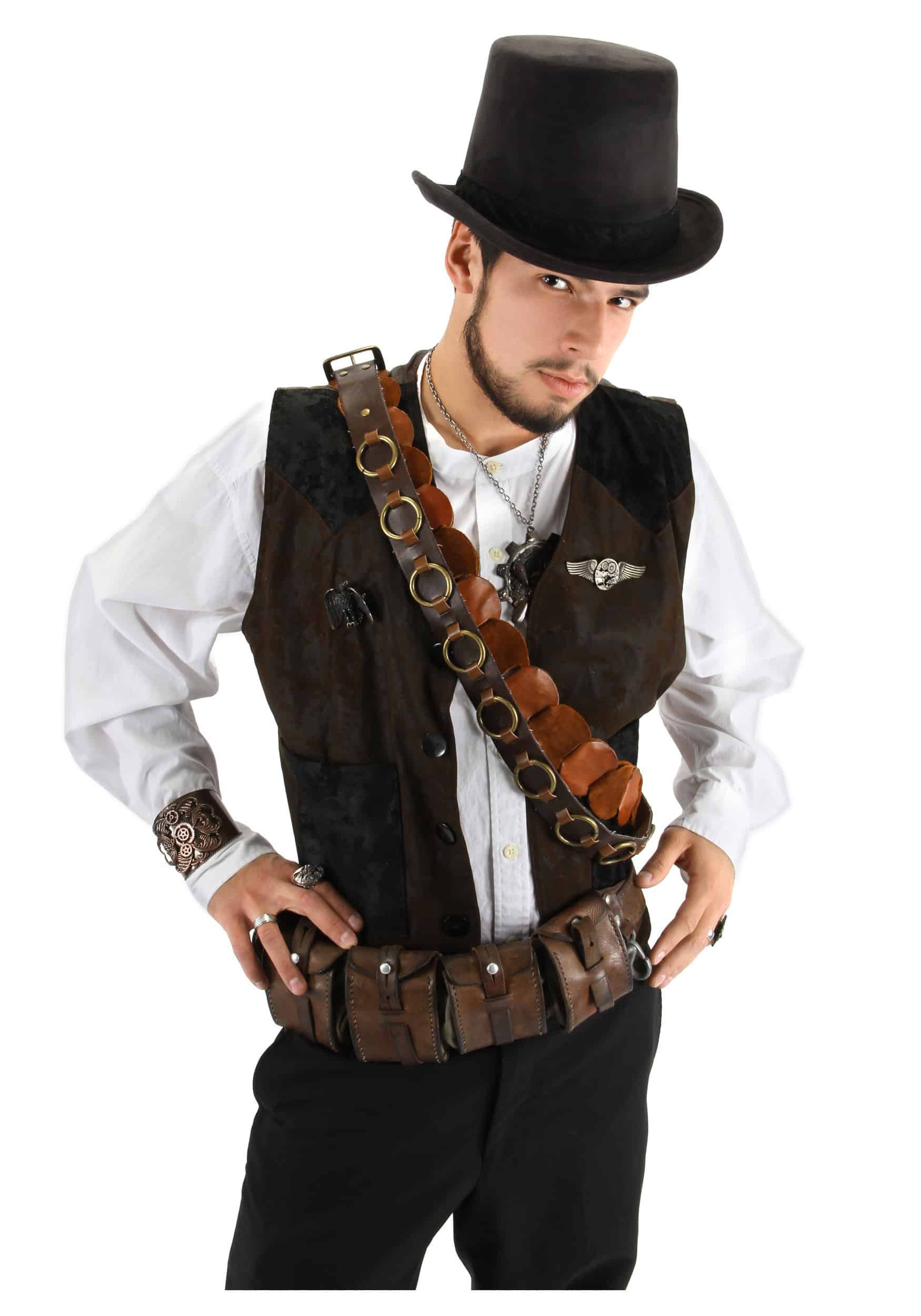 Man wearing a Coachman Hat with steampunk costume including a vest and accessories.