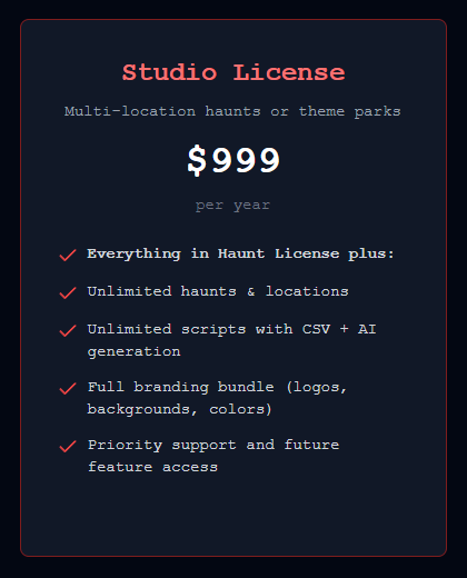 Studio License for multi-location haunts or theme parks, featuring pricing and benefits information.
