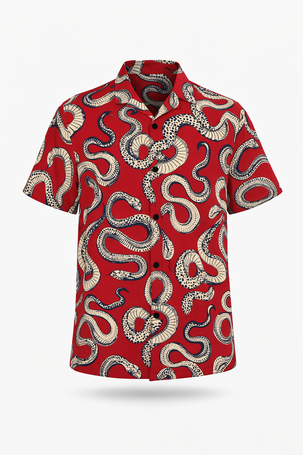 Snakes, Snakes & More Snakes short-sleeve shirt with vintage snake drawings on a bold red background.