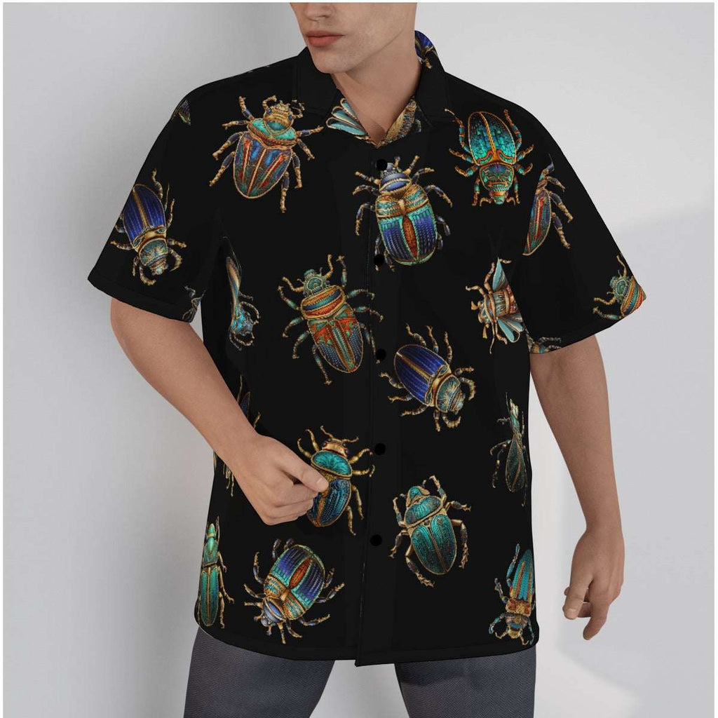 Egyptian Scarabs Gothic Button-Up Shirt featuring scarab beetle print on a black background.