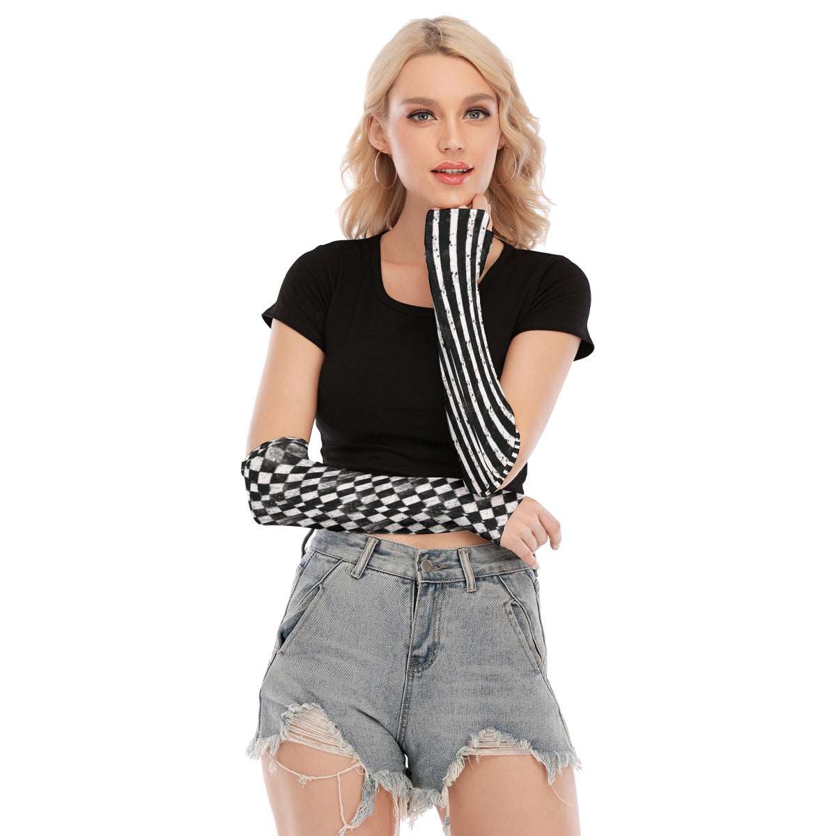 CARNYVL Dirty Diamonds Fingerless Gloves featuring a black-and-white striped and harlequin design, perfect for edgy outfits.