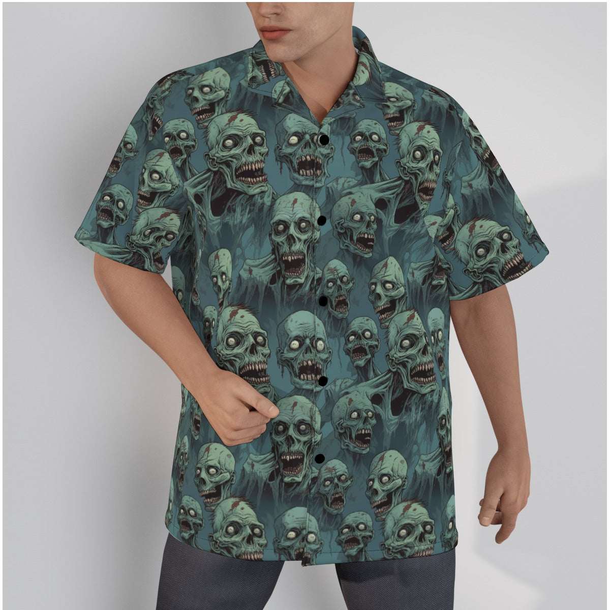 Zombie crowd gothic shirt featuring a design of eerie zombie faces on a teal background.