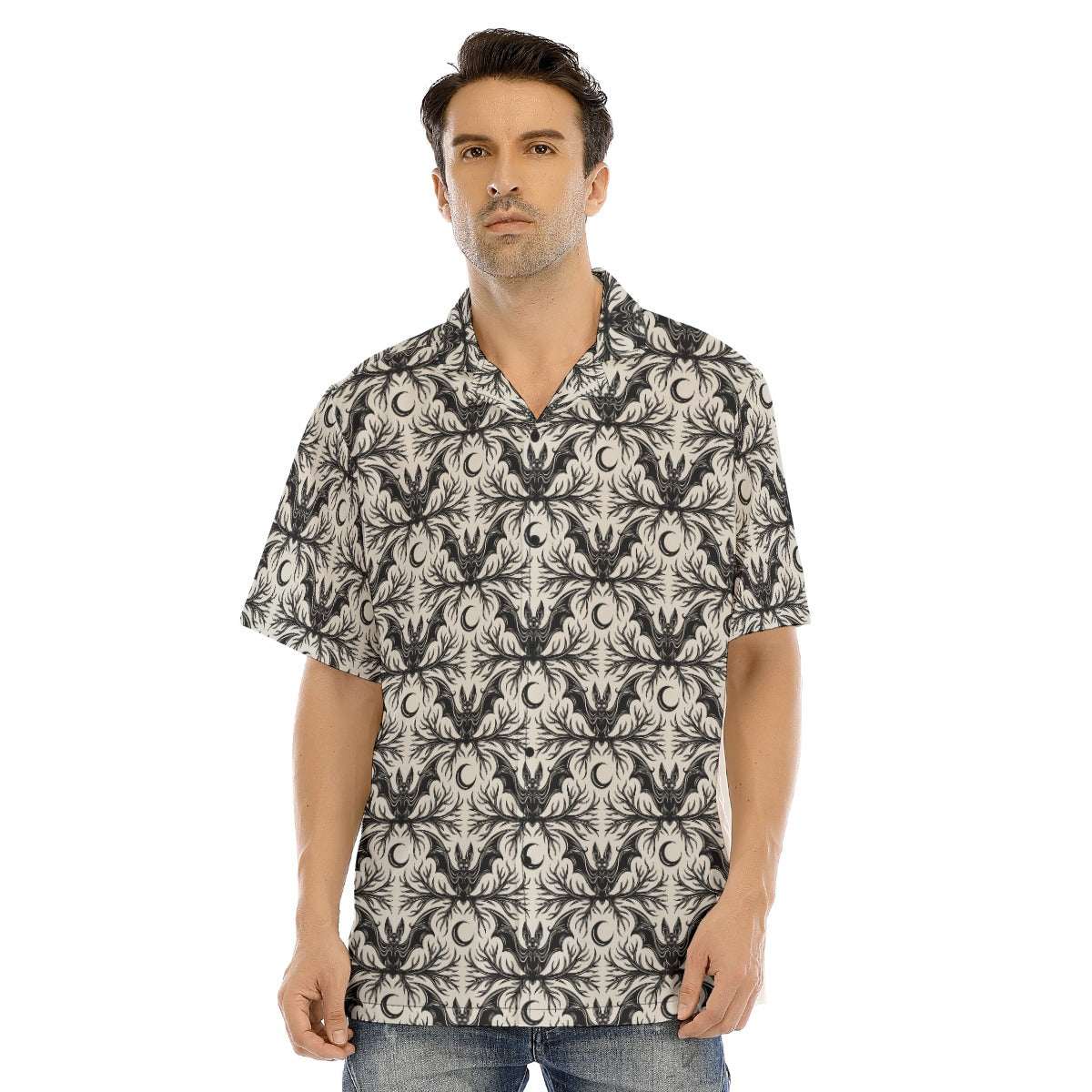 Bat & Crescent Gothic Button-Up Shirt featuring an intricate bat and crescent moon print in slate and ivory.