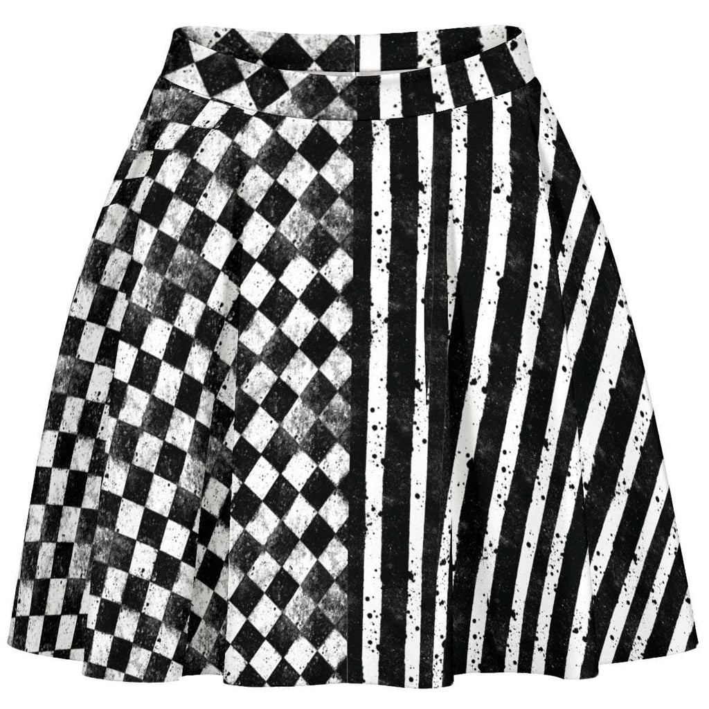 CARNYVL Dirty Diamonds short skirt featuring warped checkerboard and vertical stripes design.