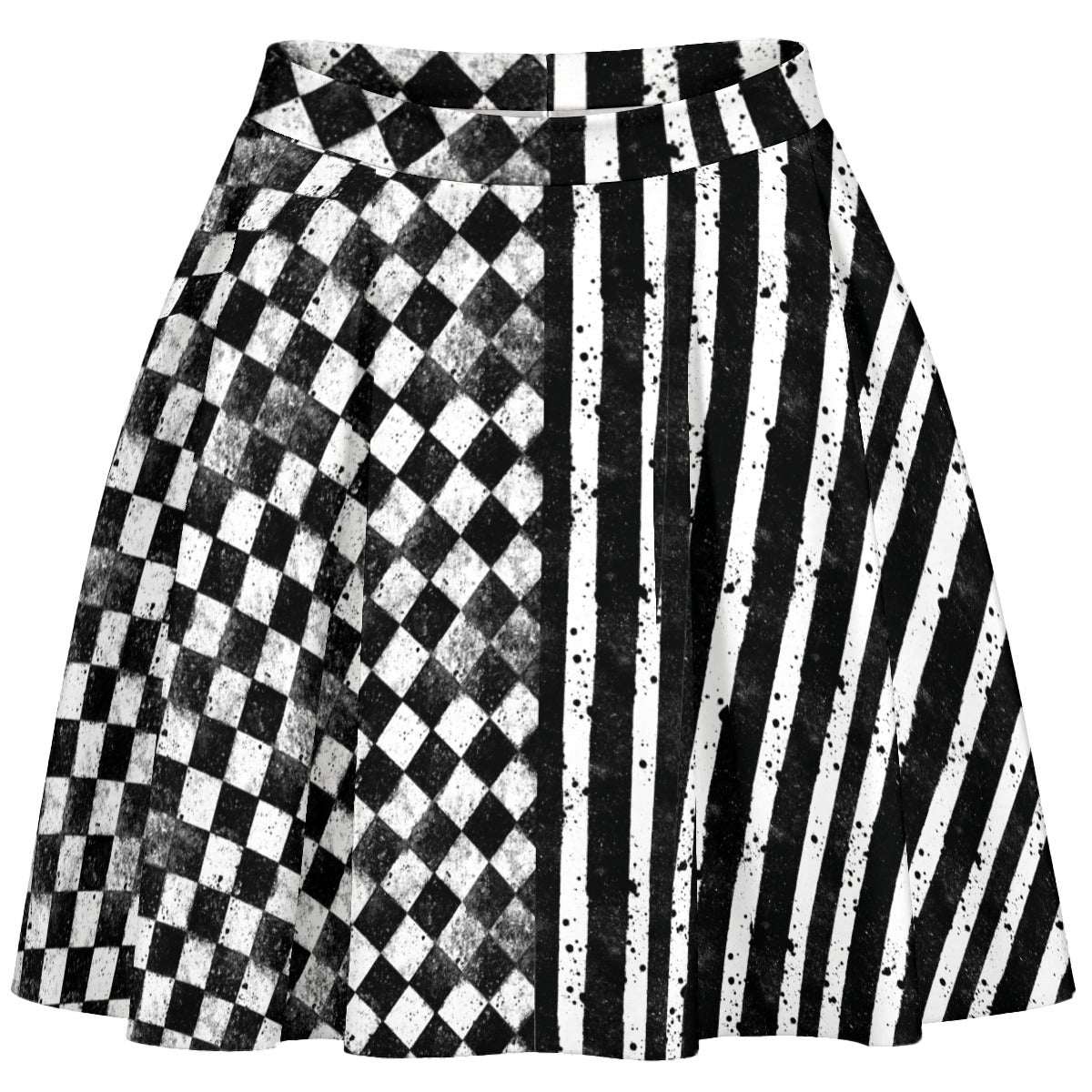 CARNYVL Dirty Diamonds short skirt featuring warped checkerboard and vertical stripes design.