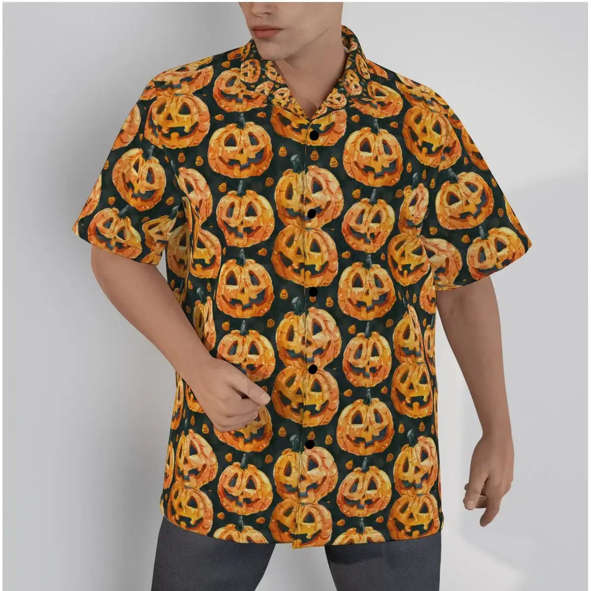 Model wearing a Pumpkin Patch Gothic Button-Up Shirt with a vibrant pumpkin pattern.