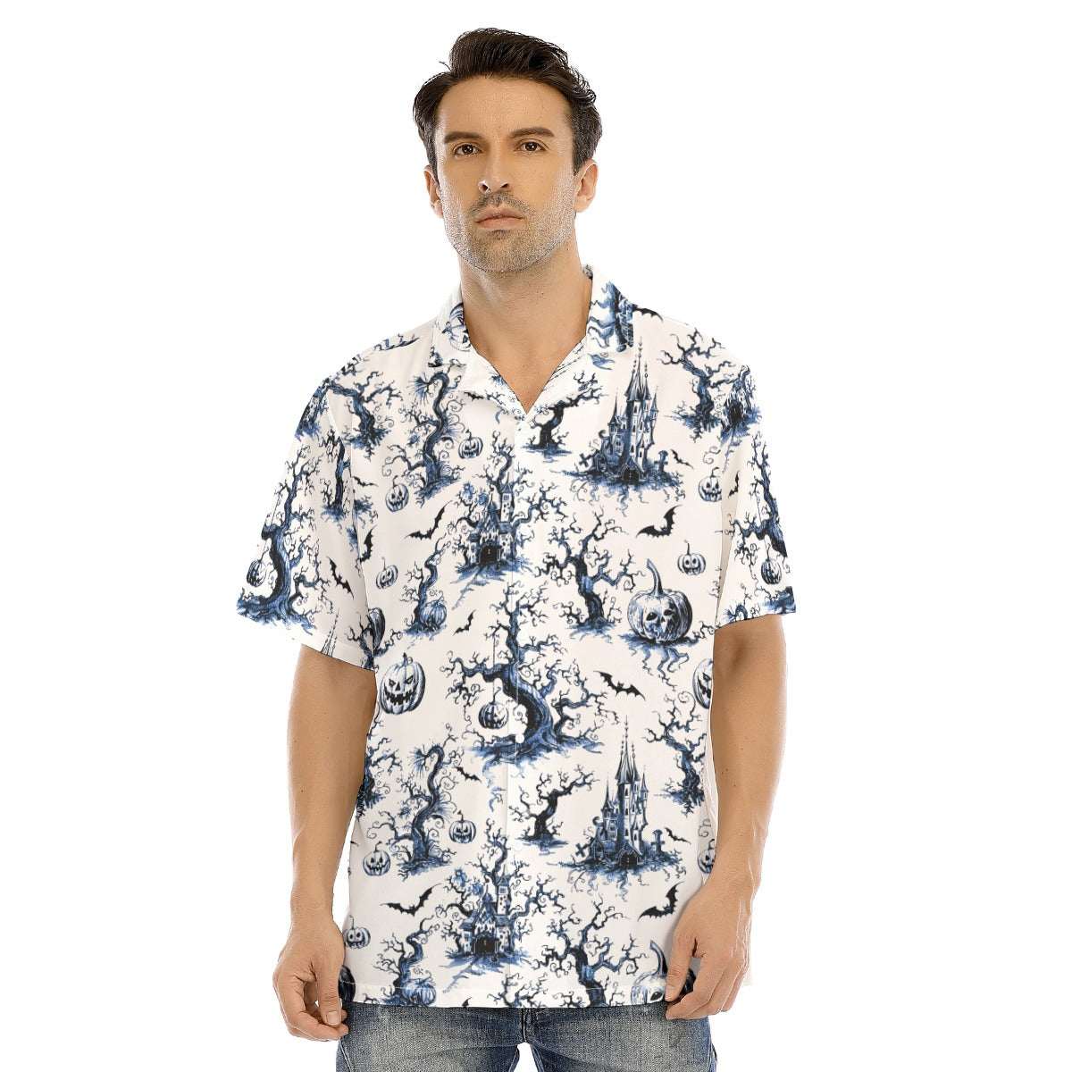 Chinois-eerie Gothic Button-Up Shirt featuring a haunted design with bats and jack-o’-lanterns in blue-on-white. Chinois-eerie Gothic Button-Up Shirt featuring a haunted design with bats and jack-o’-lanterns in blue-on-white.