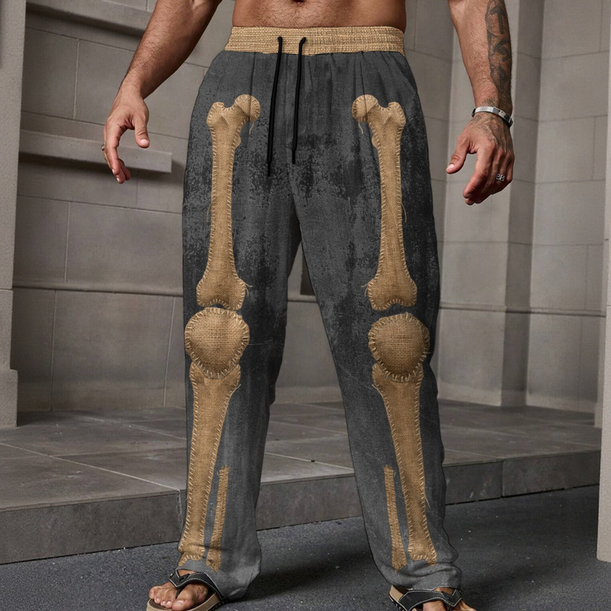 Burlap Skeleton Print Drawstring Pants (Relaxed Fit) featuring 3D bone designs, perfect for comfort and style.