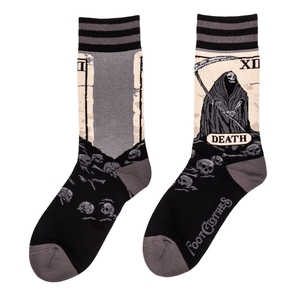 Death Tarot Card Crew Socks featuring iconic death imagery and skull designs for stylish comfort.