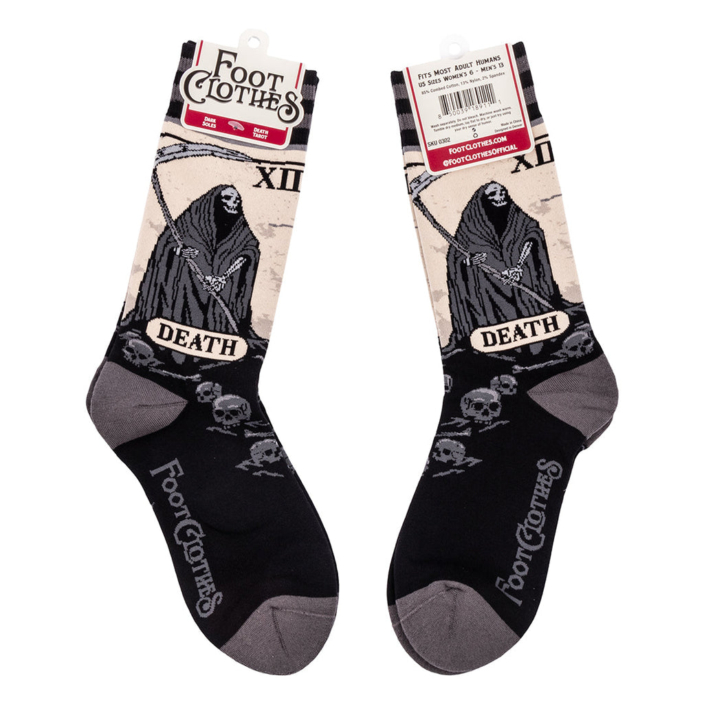 Death Tarot Card Crew Socks featuring a reaper design with skull details, perfect for self-expression and comfort.