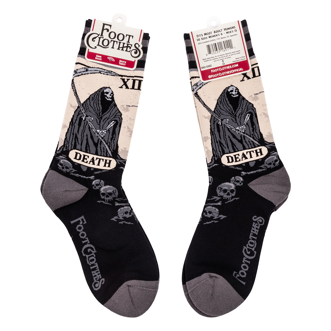 Death Tarot Card Crew Socks featuring a reaper design with skull details, perfect for self-expression and comfort.