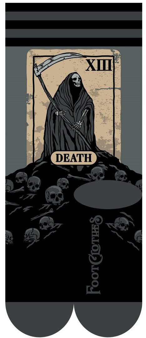 Death Tarot Card Crew Socks featuring grim reaper design and skulls, trendy and comfortable sock choice.