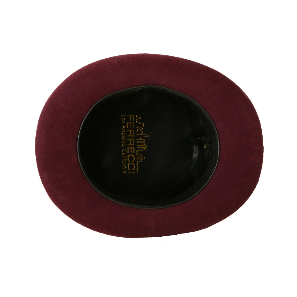  wool top hat in burgundy with grosgrain ribbon and feather accent.
