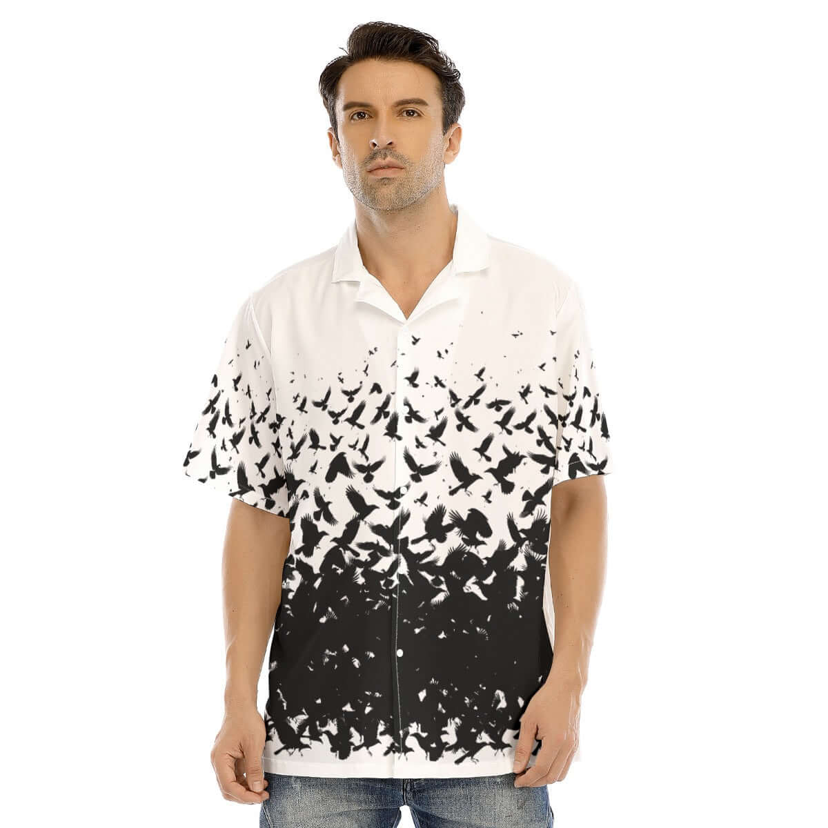 Model wearing a Murder of Crows short-sleeve button-up shirt, featuring crows in flight against a black-and-white gradient.