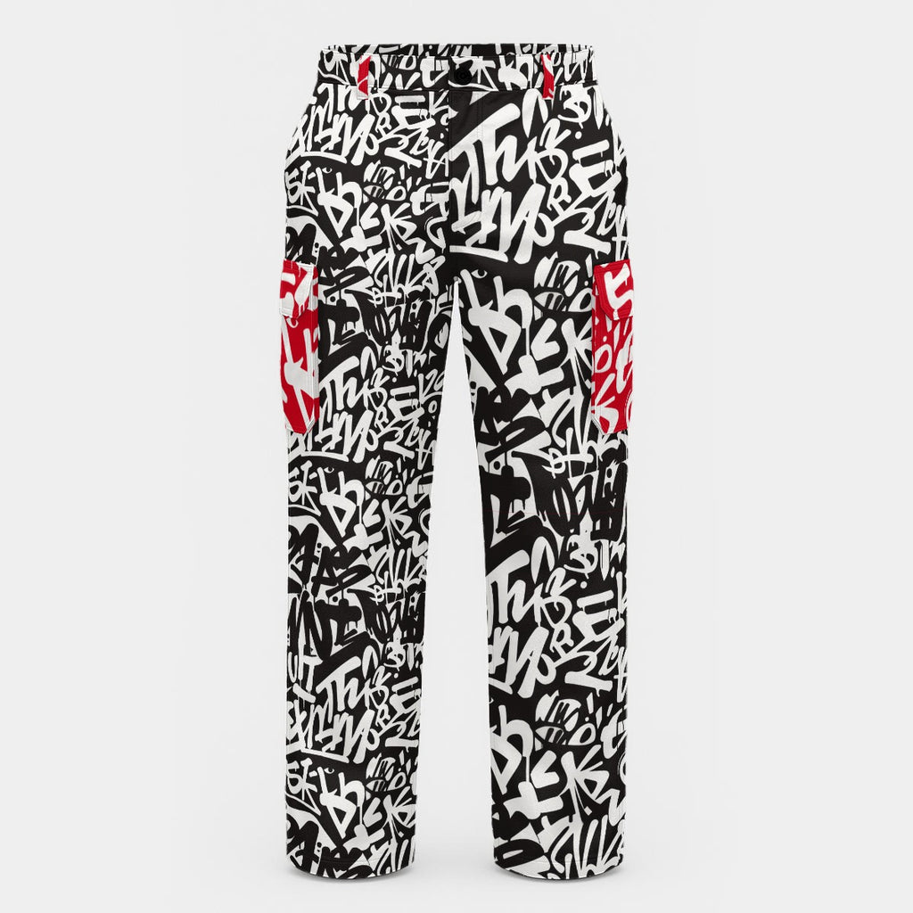 WREKED men's graffiti-print cargo pants with red accents.