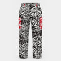 WREKED men's graffiti-print cargo pants with red accents.