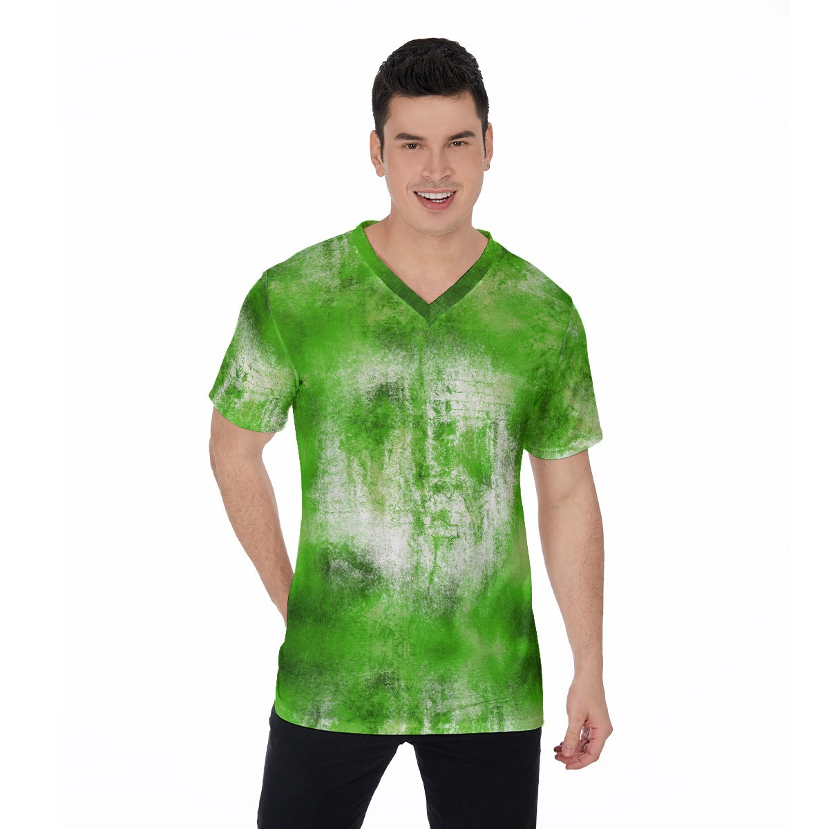 Model wearing a WREKED acid green V-neck tee with a worn survivor look, ideal for streetwear.
