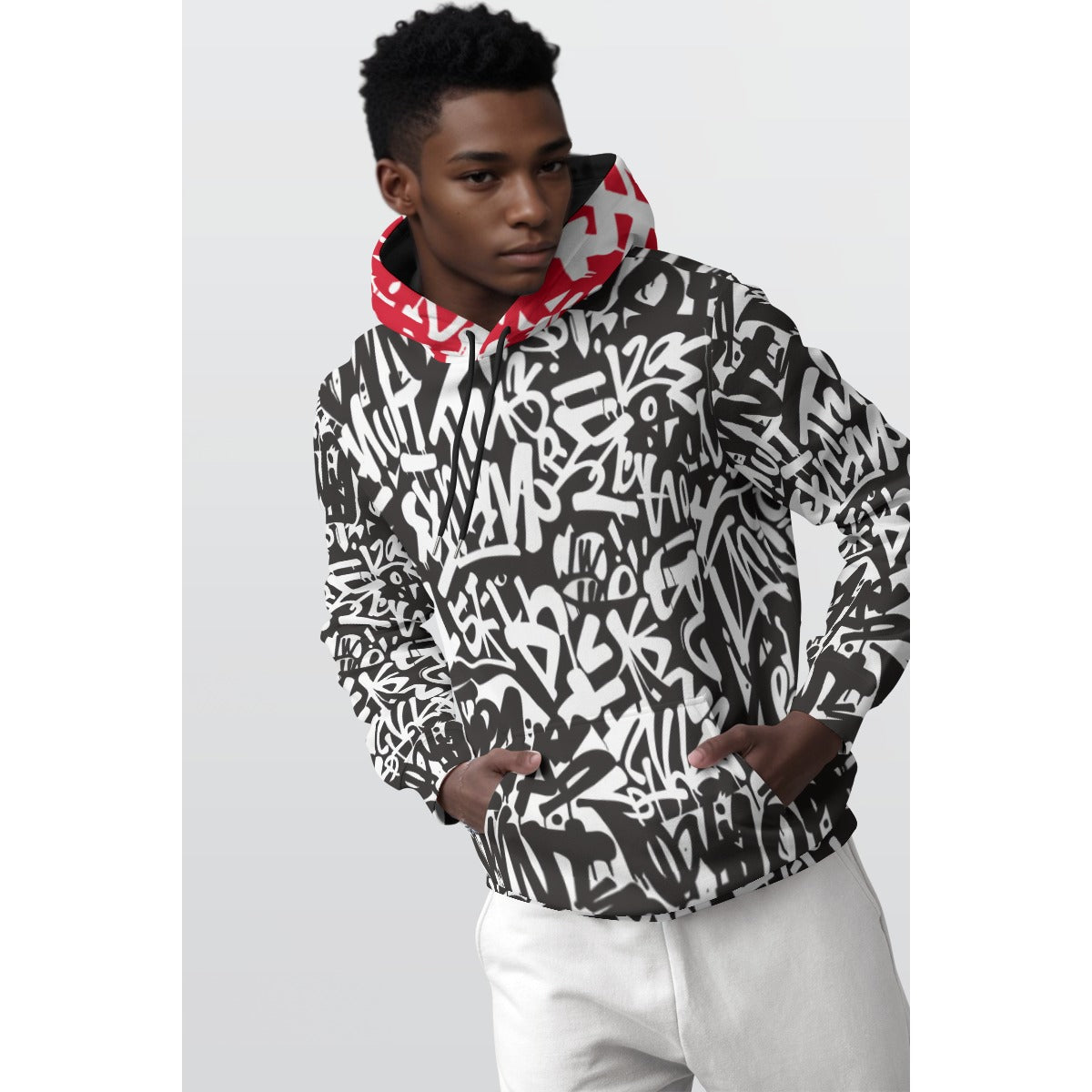 WREKED graffiti pullover hoodie featuring a bold graffiti design and a stylish red hood.