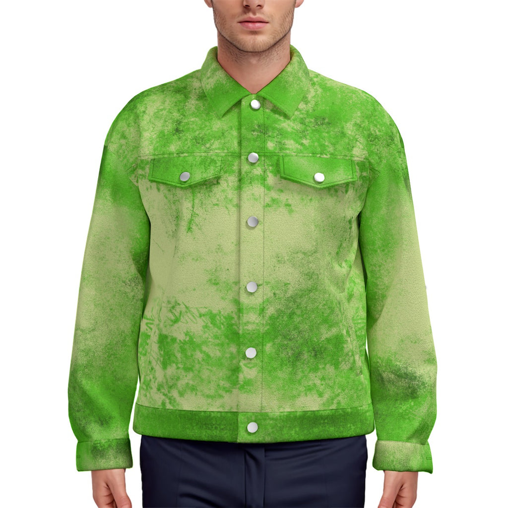 WREKED acid green canvas jacket worn by a model, showcasing its distressed look and comfortable fit.