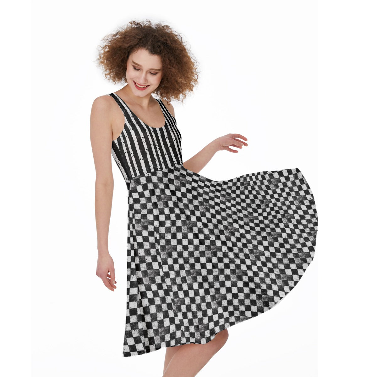 CARNYVL “Dirty Diamonds” Fit & Flare Dress featuring a black-and-white striped bodice and diamond-patterned skirt.