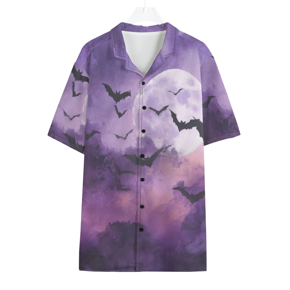 Bats in the Moonlight Gothic Button-Up Shirt displayed with a moonlit sky and silhouetted bats.