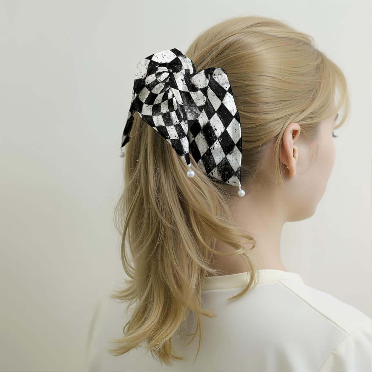 CARNYVL Dirty Diamonds Pearl Hair Tie Scrunchie in a playful checkered design worn in a ponytail.