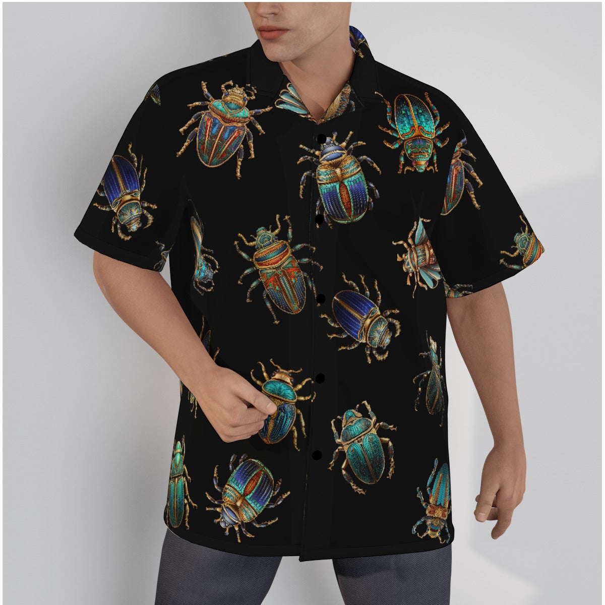 Egyptian Scarabs Gothic Button-Up Shirt featuring scarab beetle print on a black background.