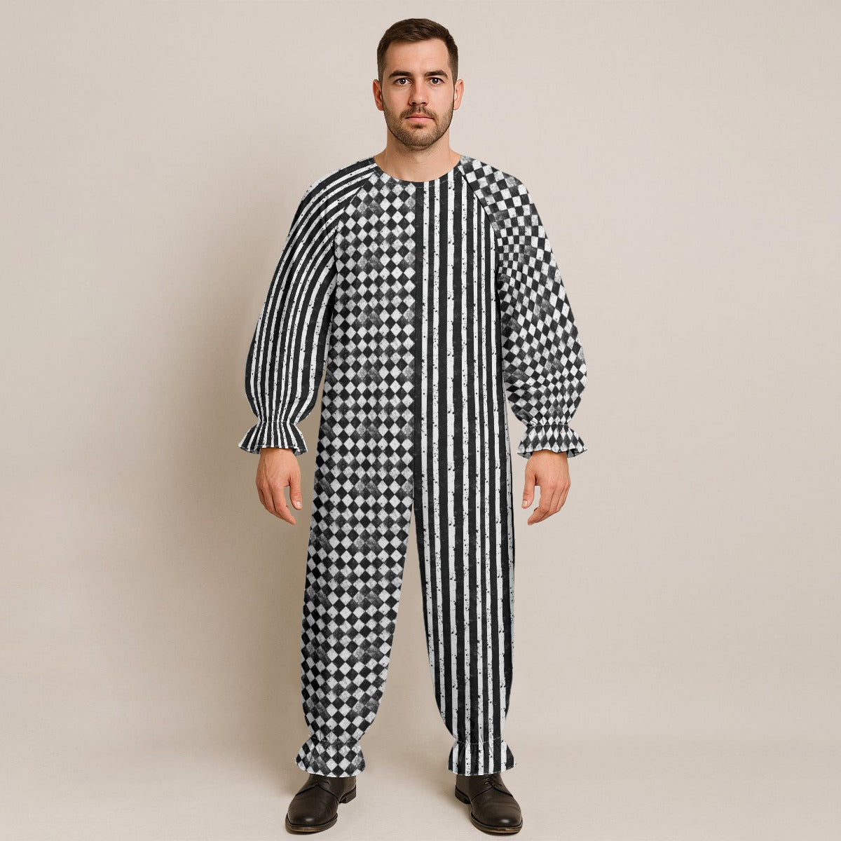 CARNYVL “Dirty Diamonds” Clown Jumpsuit featuring bold stripes and diamond patterns.