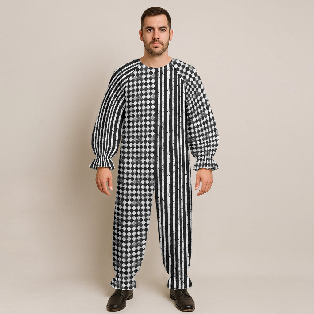 CARNYVL “Dirty Diamonds” Clown Jumpsuit featuring bold stripes and diamond patterns.