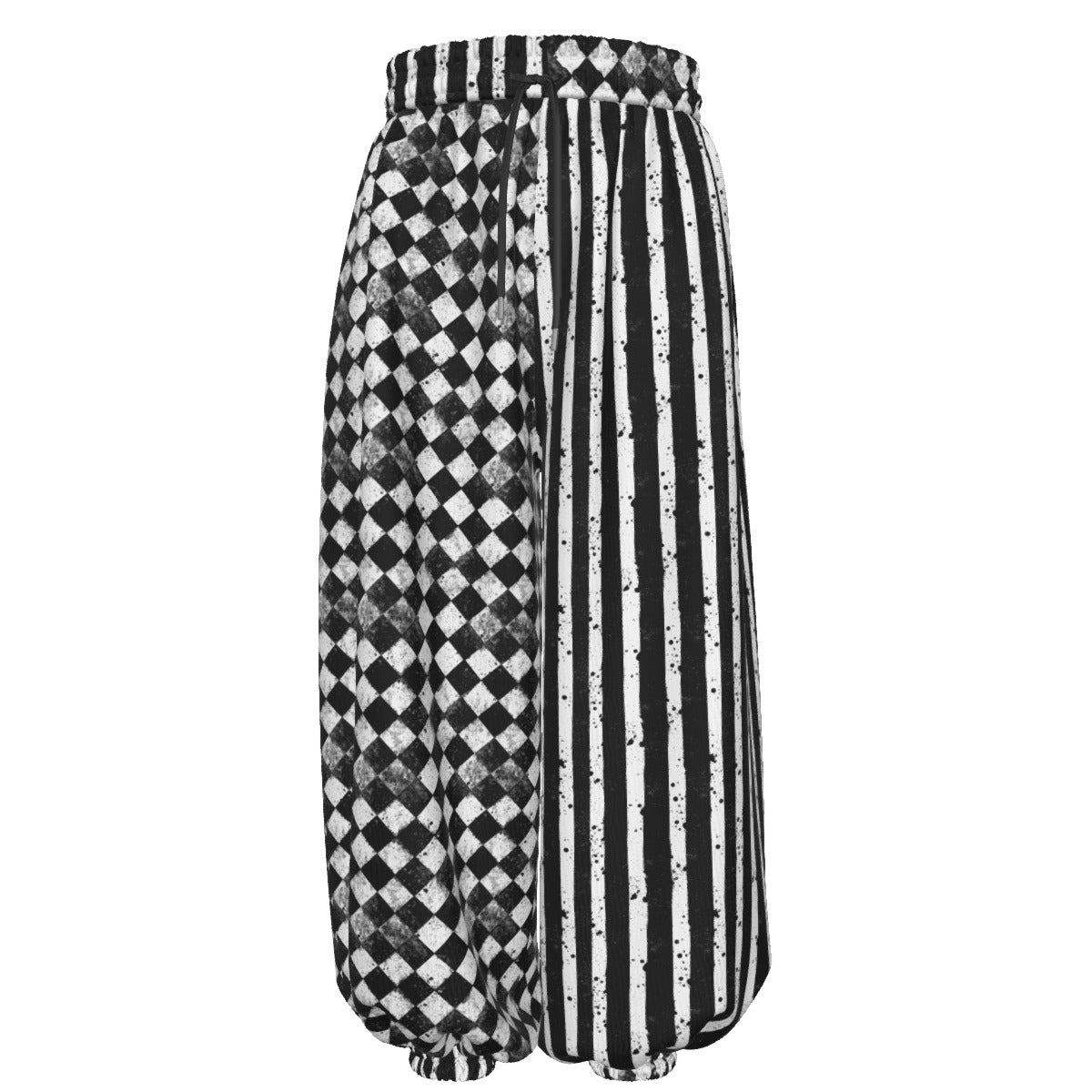 CARNYVL “Dirty Diamonds” Clown Pants showcasing a mix of black and white checker and striped patterns.