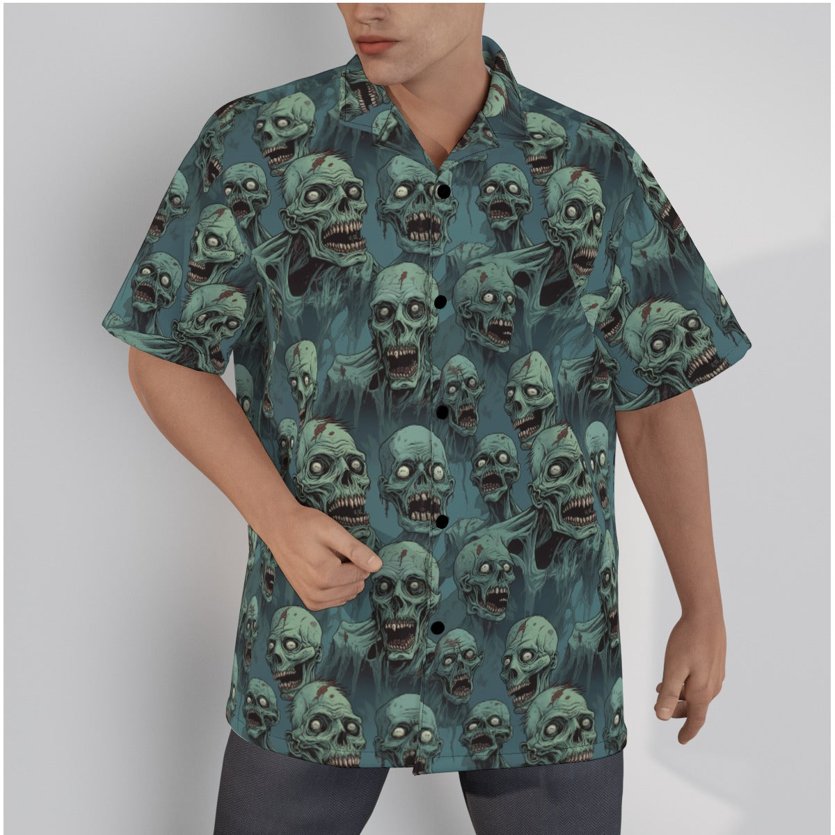 Zombie crowd gothic shirt featuring a design of eerie zombie faces on a teal background.