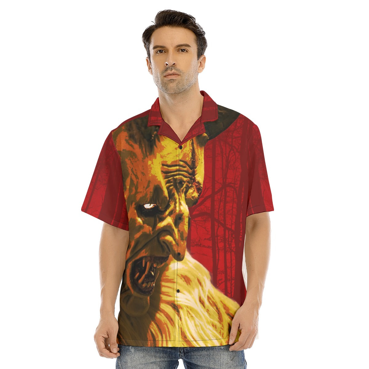 Krampus Close Up Gothic Button-Up Shirt featuring graphic of Krampus with bold colors in a striking design.