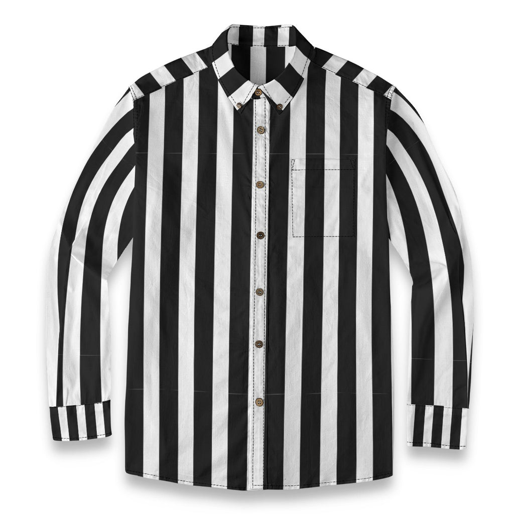 Ringmaster’s black and white striped button-up shirt featuring a stylish slub cotton fabric and classic button-up closure.