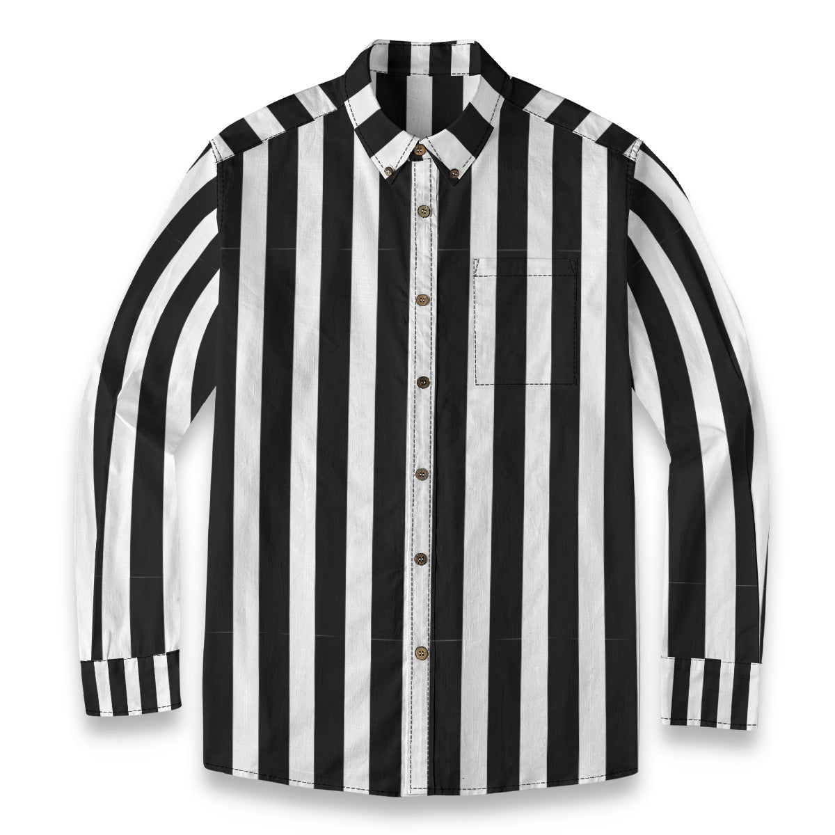 Ringmaster’s black and white striped button-up shirt featuring a stylish slub cotton fabric and classic button-up closure.