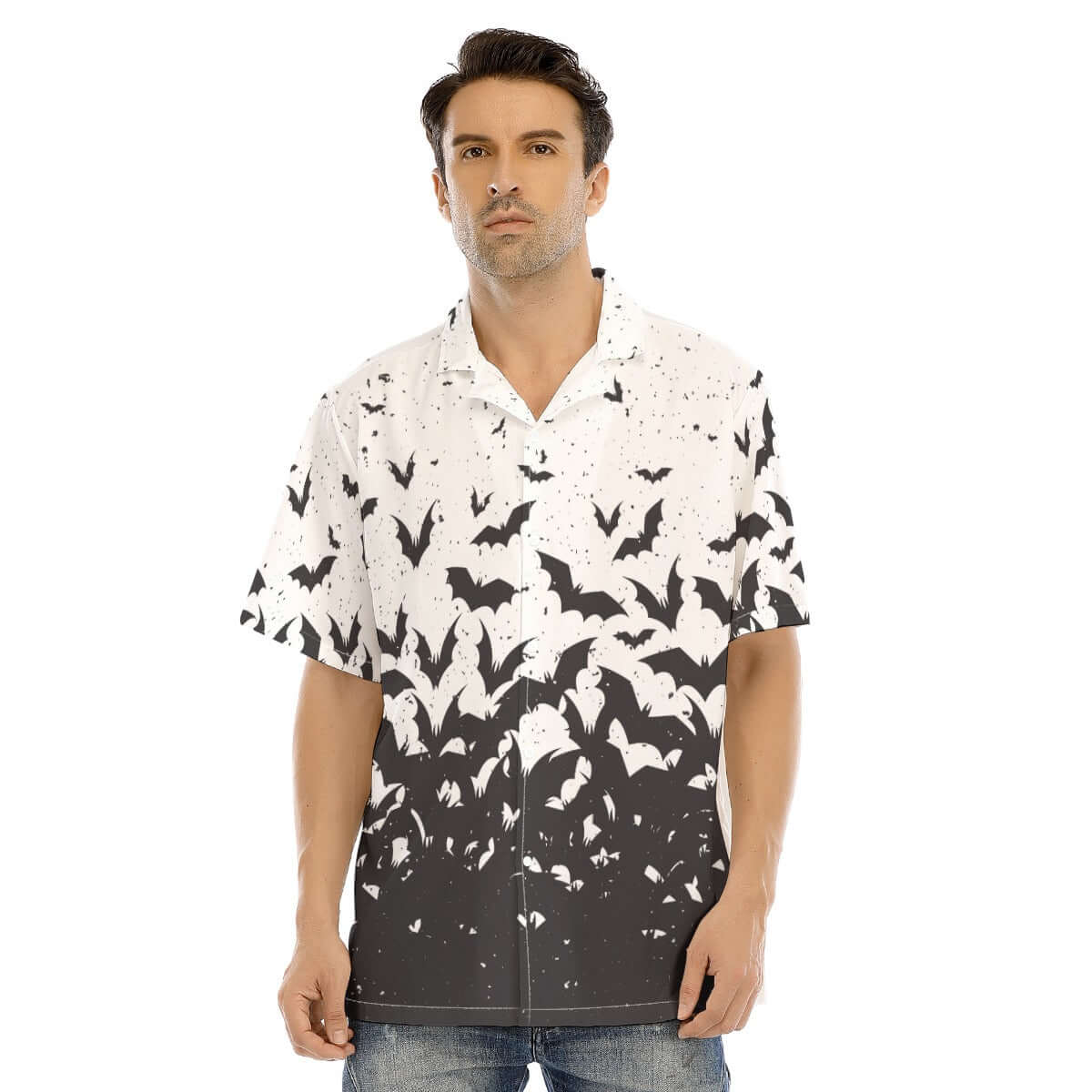 Ombre of Bats short-sleeve button-up shirt featuring a spooky bat swarm design in a white-to-midnight fade.
