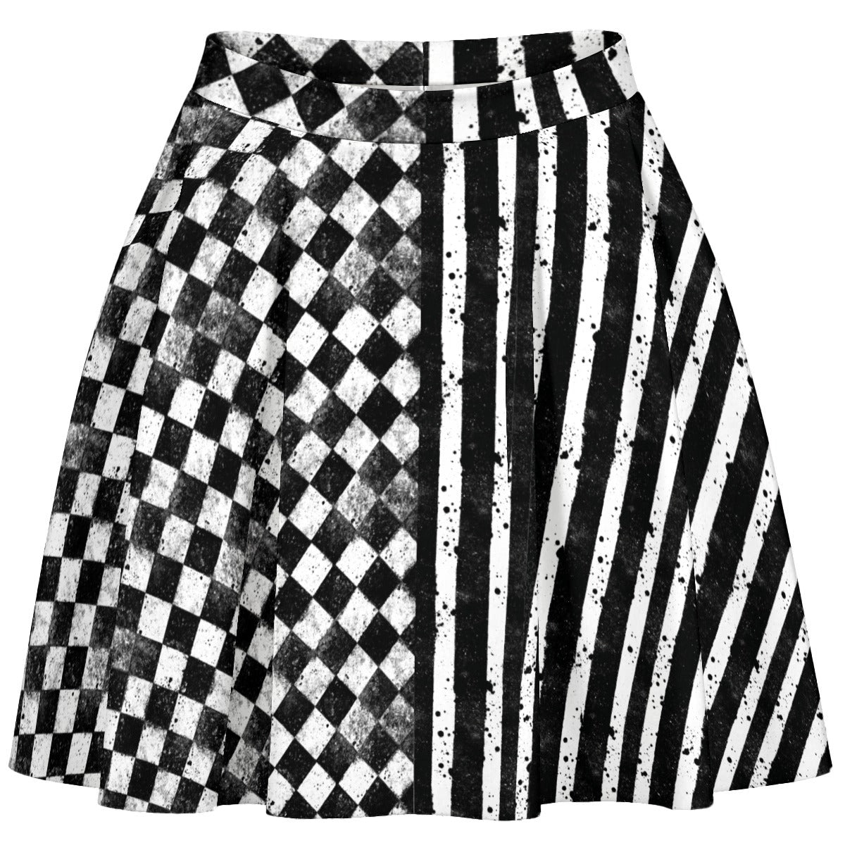 CARNYVL Dirty Diamonds short skirt featuring warped checkerboard and vertical stripes design.