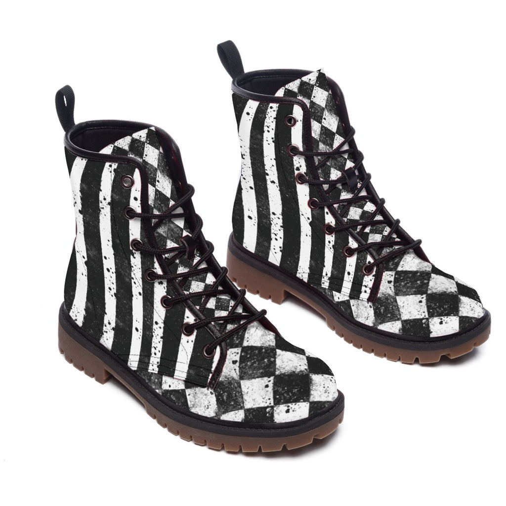 Dirty Diamonds combat boots with stripes and harlequin checks.