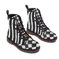 Dirty Diamonds combat boots with stripes and harlequin checks.