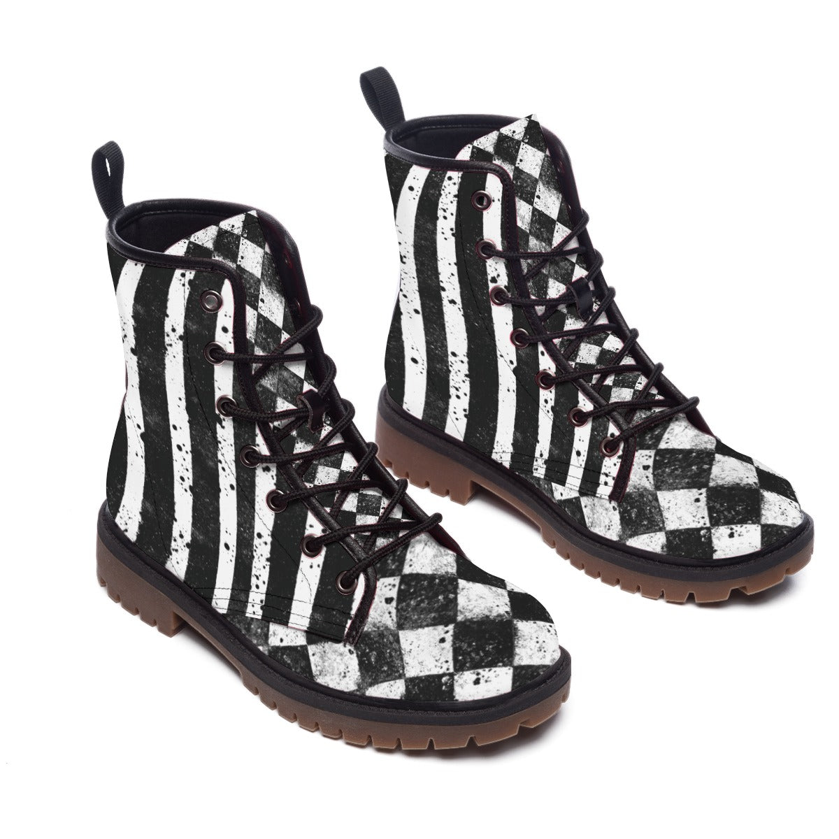 Dirty Diamonds combat boots with stripes and harlequin checks.