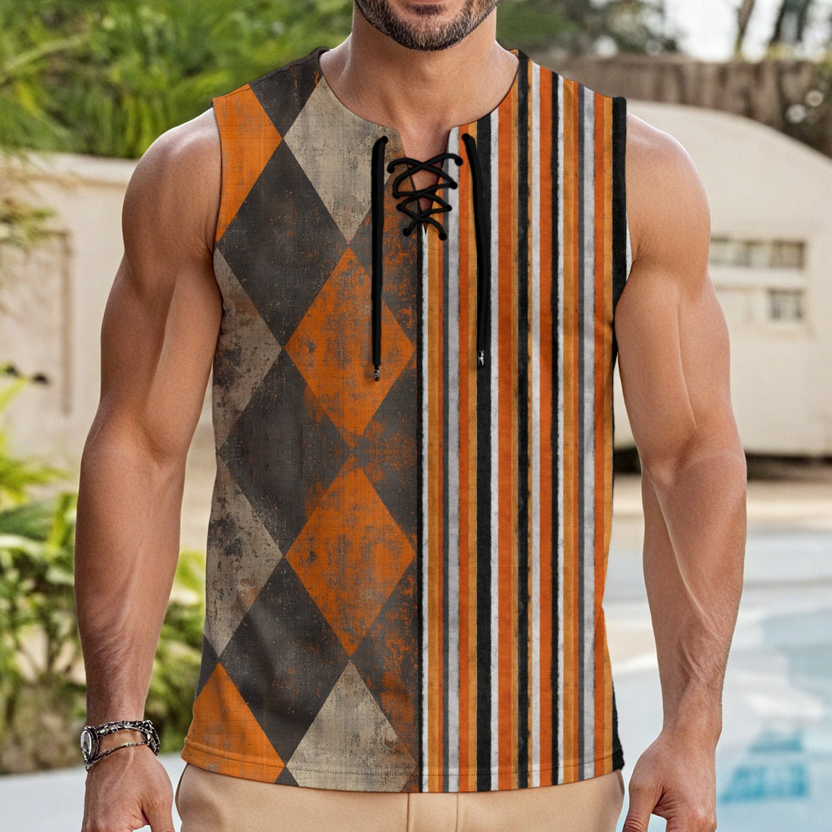 WREKED split-pattern lace-up sleeveless top featuring bold argyle and vertical carnival stripes.