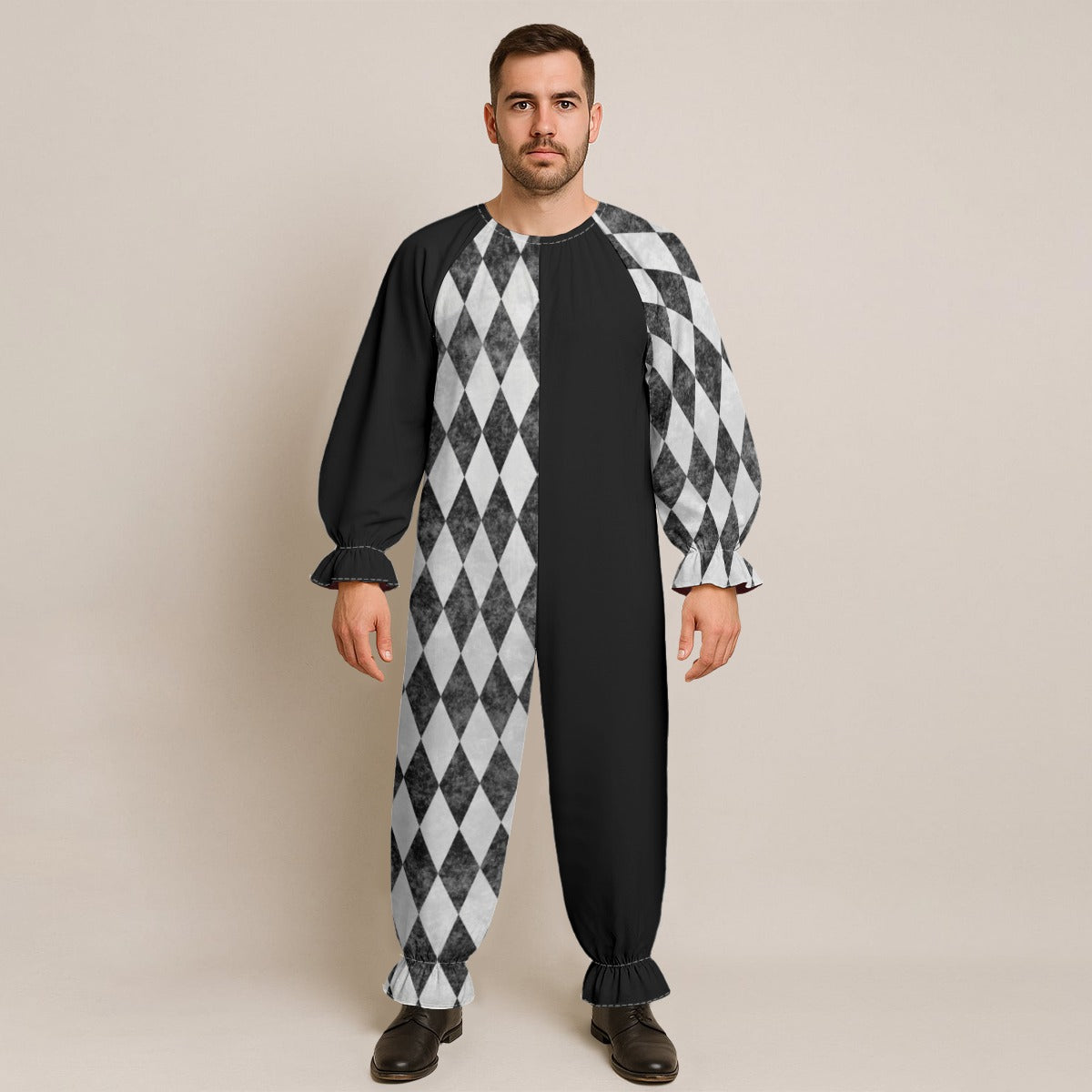 CARNYVL “Dirty Diamonds” Half & Half Clown Jumpsuit featuring a bold split pattern of black and diamond shapes.